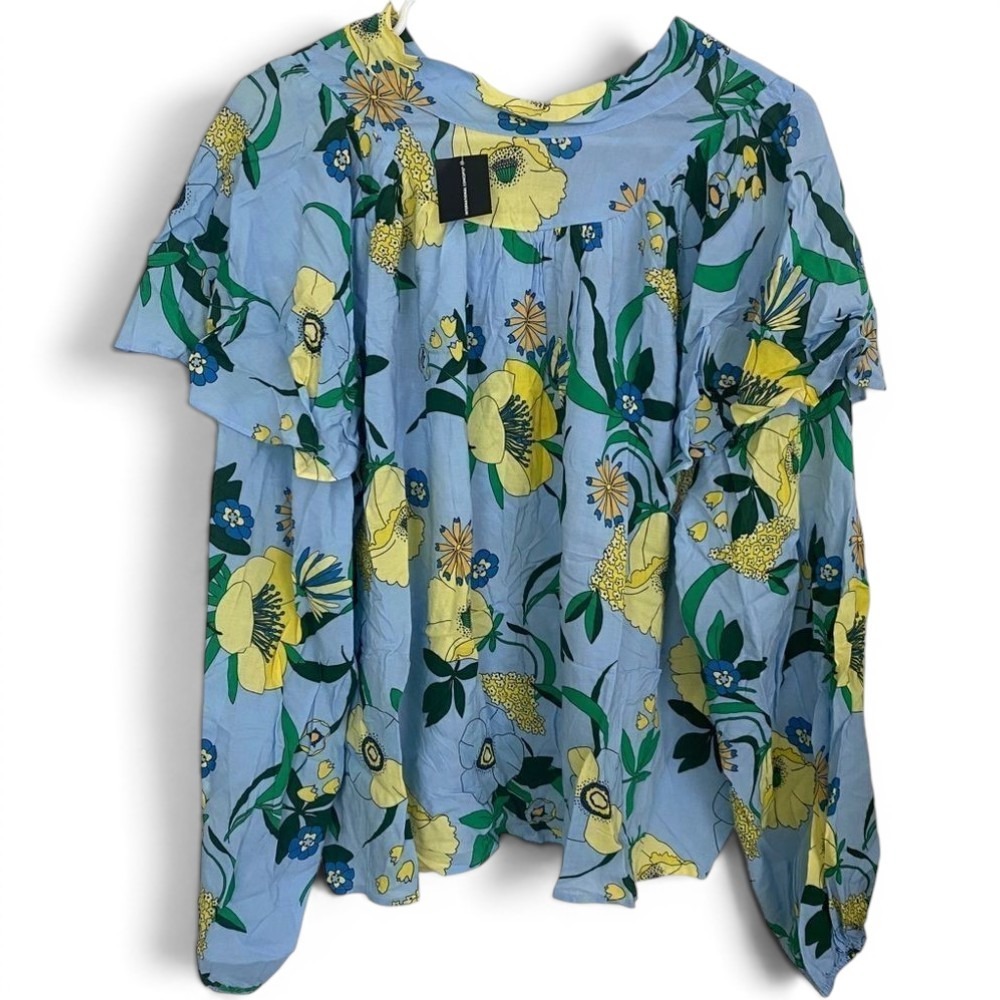 INC Blouse Women XL Blue Mabel Bouquet Floral Ruffle Sleeve 100119391 Rayon Boho